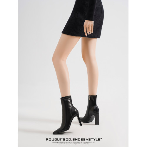 ROUGUI 法式黑色高跟短靴女2025新款瘦瘦靴秋冬高跟鞋粗跟小踝靴