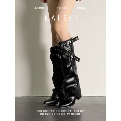 羊皮版！辣妹尖頭皮帶釦高筒靴女龐克風粗跟堆堆靴百搭西部騎士靴