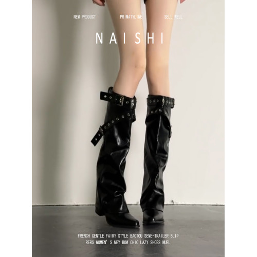 羊皮版！辣妹尖頭皮帶釦高筒靴女龐克風粗跟堆堆靴百搭西部騎士靴