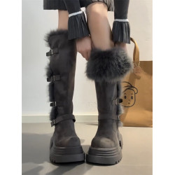 桃小姐巨好看厚底灰色長筒靴女2025新款冬季加絨毛毛雪地靴騎士靴