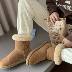 2025年新款羊皮毛一體雪地靴女高筒長筒棉鞋東北厚底大碼中筒靴子