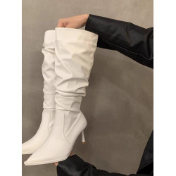 軟皮高跟鞋秋冬女細跟堆堆靴子2025新款小腿顯瘦尖頭長筒靴女