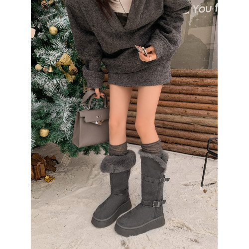 令戈工作室灰色長筒雪地靴女2025年冬季厚底靴子加厚防滑東北棉鞋