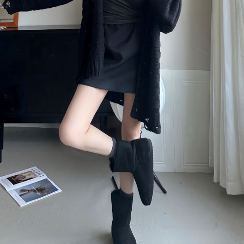 真牛皮綠色雪地靴女內增高胖頭麵包鞋平底加絨棉鞋皮毛一體短靴女