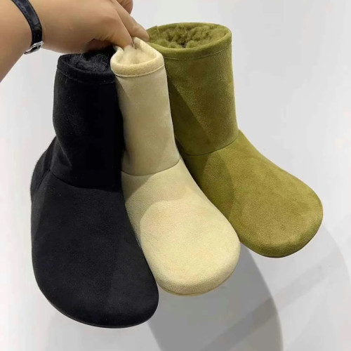 真牛皮綠色雪地靴女內增高胖頭麵包鞋平底加絨棉鞋皮毛一體短靴女