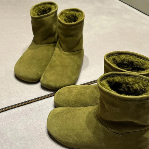 真牛皮綠色雪地靴女內增高胖頭麵包鞋平底加絨棉鞋皮毛一體短靴女