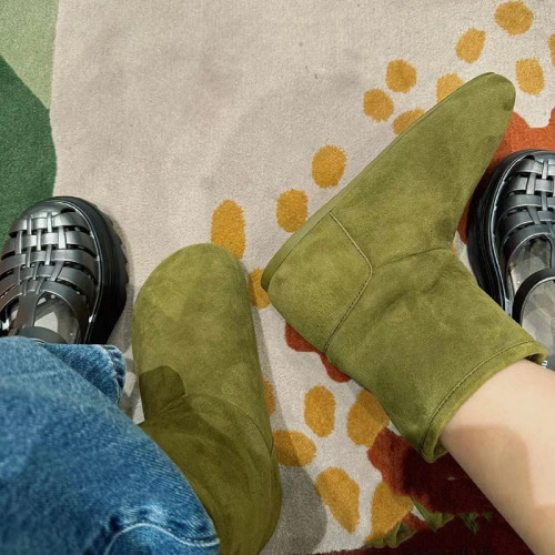 真牛皮綠色雪地靴女內增高胖頭麵包鞋平底加絨棉鞋皮毛一體短靴女