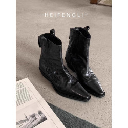 法式尖頭v口西部靴女切爾西2026新款秋復古褶皺瘦瘦靴粗跟短靴子