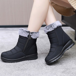 冬季休閒平跟中年加絨防寒加厚棉鞋圓頭中筒保暖雪地靴媽媽靴子女