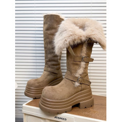 厚底毛絨長筒靴女款2025冬季新款加絨保暖卡其色騎士靴增高雪地靴