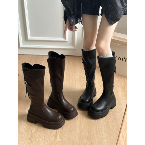 棕色小個子厚底長筒靴女2026年新款春秋顯瘦高筒騎士靴不過膝長靴