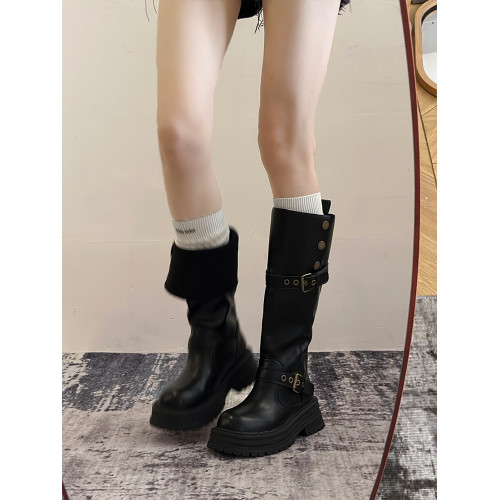 黑色復古英倫風粗跟厚底長筒靴女2026秋冬新款長靴高筒顯瘦騎士靴