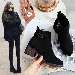 靴子女短靴2025秋冬新款高跟粗跟磨砂馬丁靴真皮瘦瘦靴子加絨棉鞋