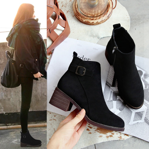 靴子女短靴2025秋冬新款高跟粗跟磨砂馬丁靴真皮瘦瘦靴子加絨棉鞋