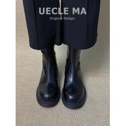 牛皮版~厚底短靴女2025新款復古馬丁靴子巨好看切爾西粗跟瘦瘦靴