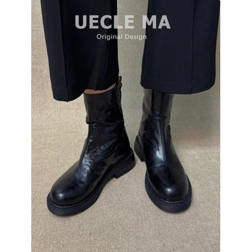 牛皮版~厚底短靴女2025新款復古馬丁靴子巨好看切爾西粗跟瘦瘦靴