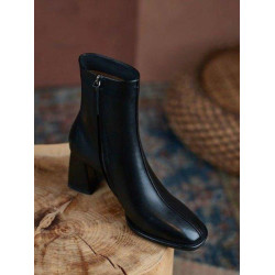 真皮方頭黑色短靴女秋冬季英倫風復古馬丁靴粗跟高跟靴子春秋單靴