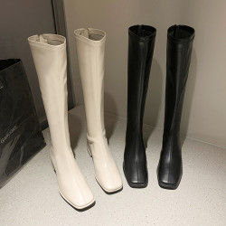 小個子白色長筒靴女不過膝2025年秋冬季高筒方頭靴子粗跟高跟長靴