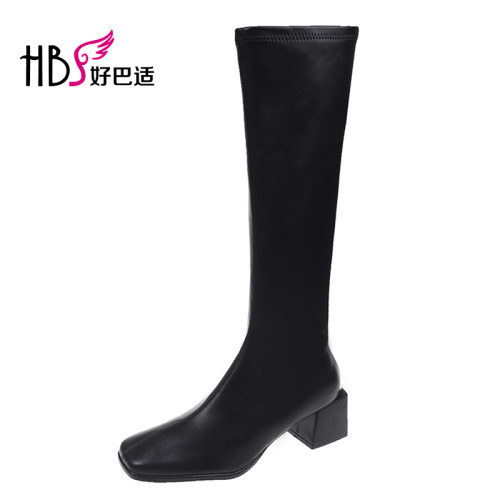 小個子白色長筒靴女不過膝2025年秋冬季高筒方頭靴子粗跟高跟長靴