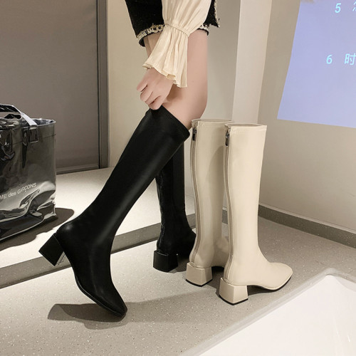小個子白色長筒靴女不過膝2025年秋冬季高筒方頭靴子粗跟高跟長靴