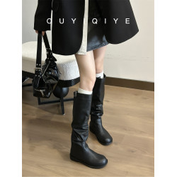 羊皮版~靴子女夏季長靴顯瘦不過膝低跟高筒騎士靴復古褶皺堆堆靴