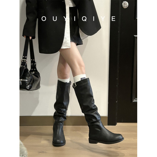 羊皮版~靴子女夏季長靴顯瘦不過膝低跟高筒騎士靴復古褶皺堆堆靴 羊皮版~靴子女夏季長靴顯瘦不過膝低跟高筒騎士靴復古褶皺堆堆靴