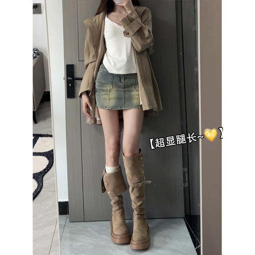 厚底粗跟長筒靴女2026新款秋冬季不過膝絨面顯瘦高筒長靴子騎士靴