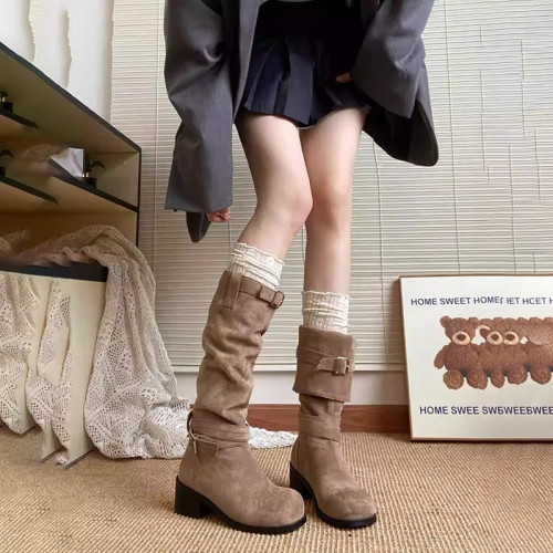 高跟粗跟長筒靴子女2026新款夏季不過膝顯瘦堆堆靴西部牛仔高筒靴