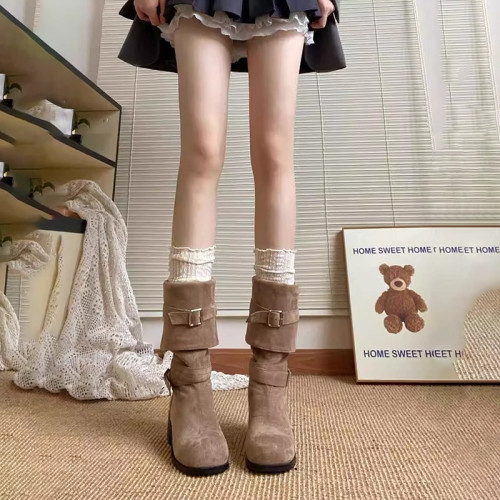 高跟粗跟長筒靴子女2026新款夏季不過膝顯瘦堆堆靴西部牛仔高筒靴