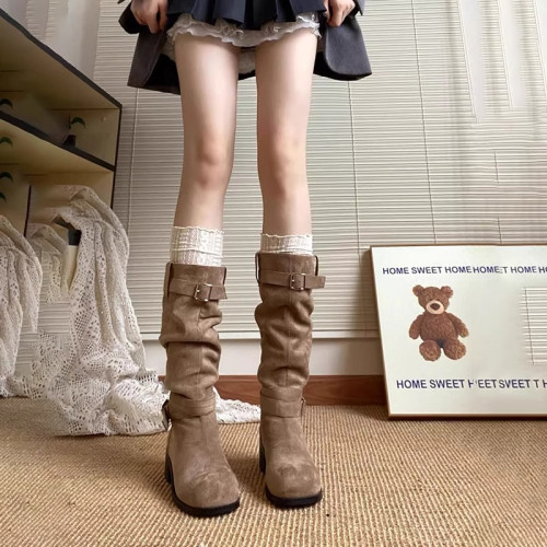 高跟粗跟長筒靴子女2026新款夏季不過膝顯瘦堆堆靴西部牛仔高筒靴