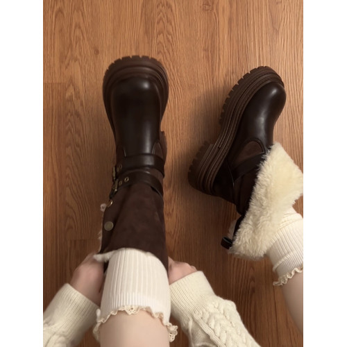 棕色復古英倫厚底加絨馬丁靴女款2026新款冬季保暖加厚雪地短靴子