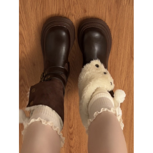 棕色復古英倫厚底加絨馬丁靴女款2026新款冬季保暖加厚雪地短靴子