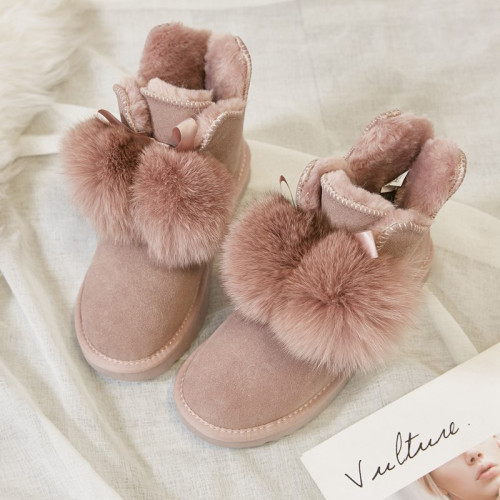 2025新款毛球真牛皮雪地靴女皮毛一體防滑女鞋冬季短筒靴加絨棉鞋