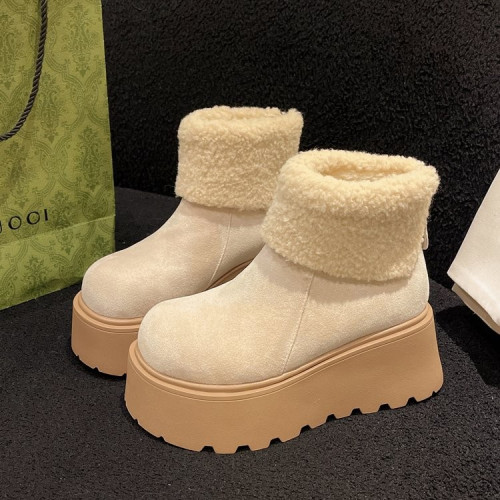 歐貨磨砂皮羊羔絨繙領兩穿毛毛雪地棉靴厚底松糕小個子超高跟短靴