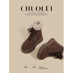 超火冬季新款厚底雪地靴女防滑英倫風加絨馬丁靴棕色加厚毛毛棉鞋