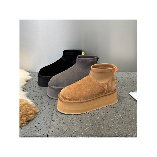 冬季新款迷你迪普靴女軟皮厚底增高雪地靴雪地鞋加厚保暖棉鞋短靴