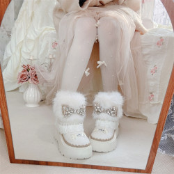 冬季時尚百搭白色雪地靴厚底增高毛毛短靴甜美重工蝴蝶結加厚棉靴