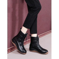 厚底真皮雪地靴2025秋冬新款加絨加厚靴子女坡跟防滑中年媽媽短靴