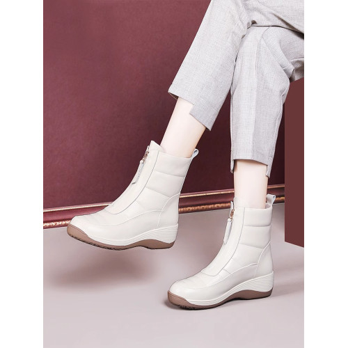 厚底真皮雪地靴2025秋冬新款加絨加厚靴子女坡跟防滑中年媽媽短靴