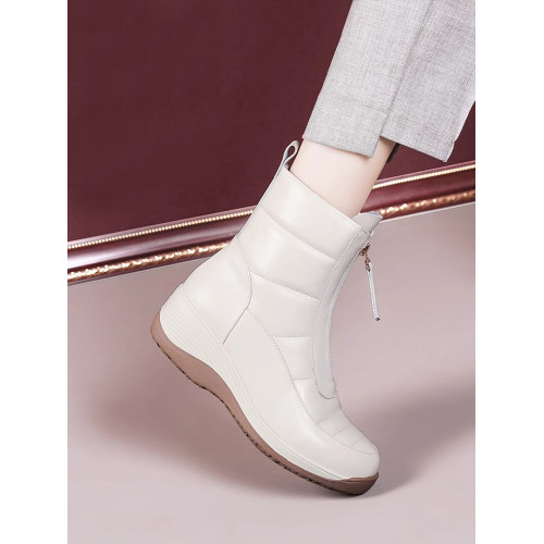 厚底真皮雪地靴2025秋冬新款加絨加厚靴子女坡跟防滑中年媽媽短靴