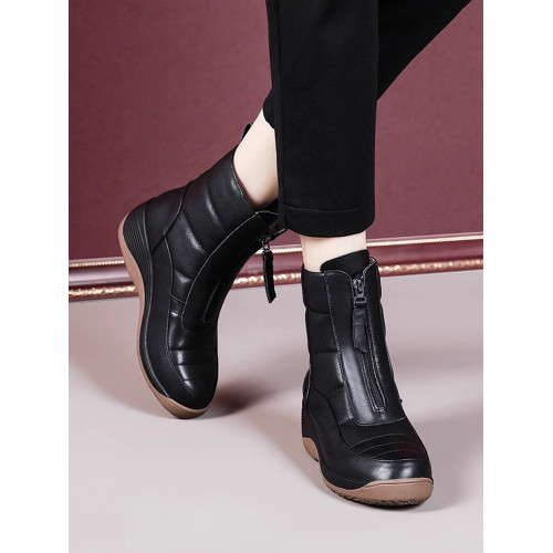 厚底真皮雪地靴2025秋冬新款加絨加厚靴子女坡跟防滑中年媽媽短靴