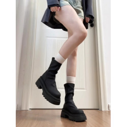 牛皮版厚底短靴女款2026新款秋冬小個子增高顯瘦彈力瘦瘦靴堆堆靴