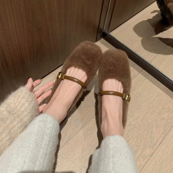 羊毛版~內增高真皮厚底毛毛鞋女粗跟加絨瑪麗珍單鞋保暖雪地棉鞋