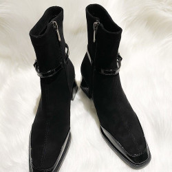 方頭短靴女拼接瘦瘦靴2025秋冬新款可拉紅短筒靴粗跟時尚馬丁靴子