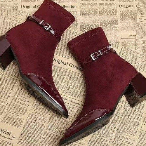 方頭短靴女拼接瘦瘦靴2025秋冬新款可拉紅短筒靴粗跟時尚馬丁靴子