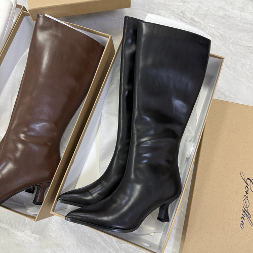 秋冬款尖頭細跟長靴2025早秋新款黑白棕色高跟高筒大碼女靴41