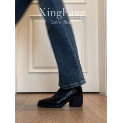 牛皮版~尖頭高跟短靴女秋冬新款復古厚底粗跟彈力瘦瘦靴馬丁靴子