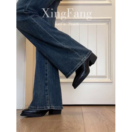 牛皮版~尖頭高跟短靴女秋冬新款復古厚底粗跟彈力瘦瘦靴馬丁靴子