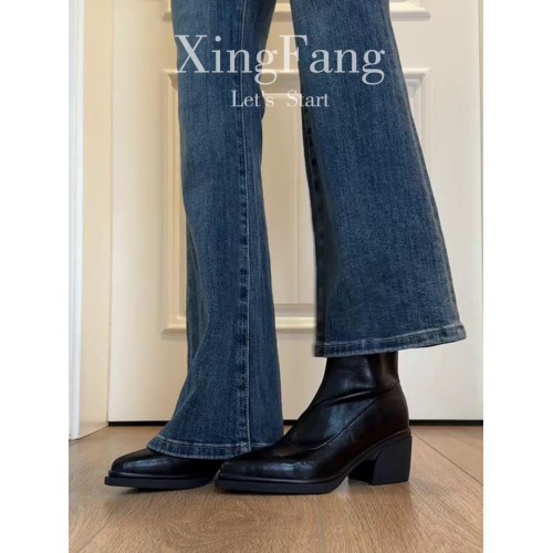 牛皮版~尖頭高跟短靴女秋冬新款復古厚底粗跟彈力瘦瘦靴馬丁靴子