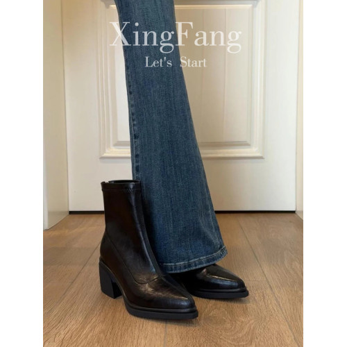 牛皮版~尖頭高跟短靴女秋冬新款復古厚底粗跟彈力瘦瘦靴馬丁靴子